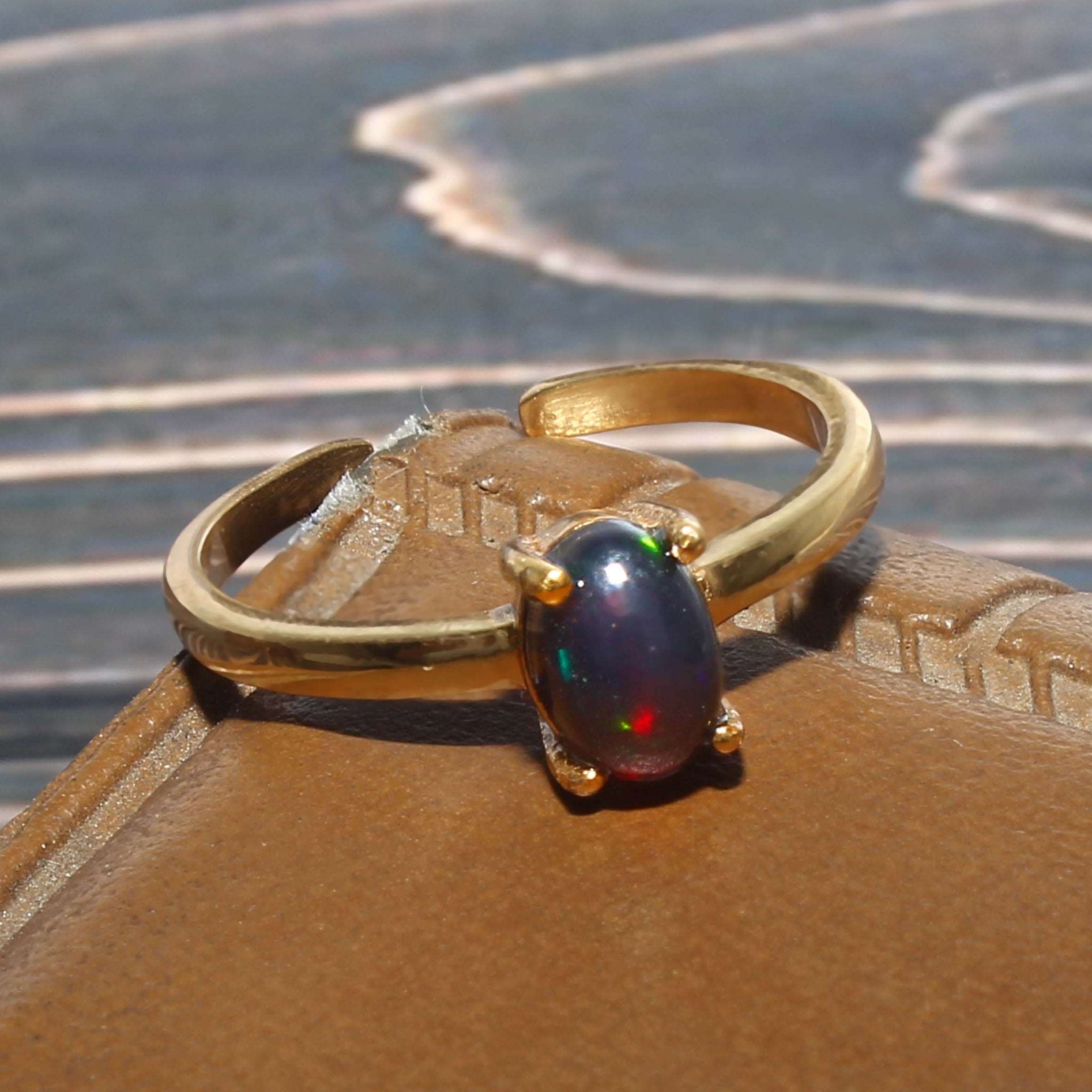 925 Sterling Silver Gold Plated Natural Black Opal Adjustable Ring jewelldiro