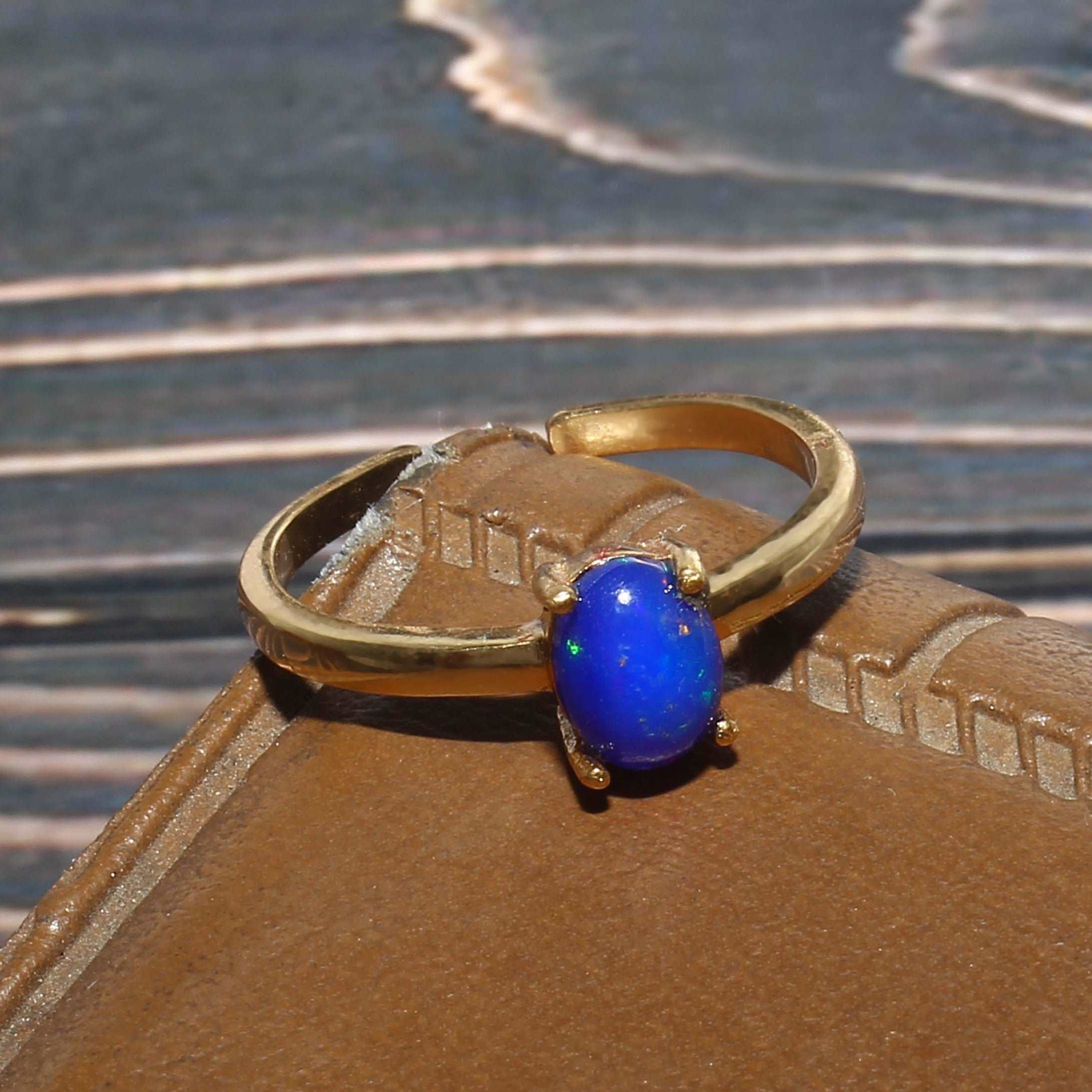 925 Sterling Silver Gold Plated Natural Opal Adjustable Ring jewelldiro