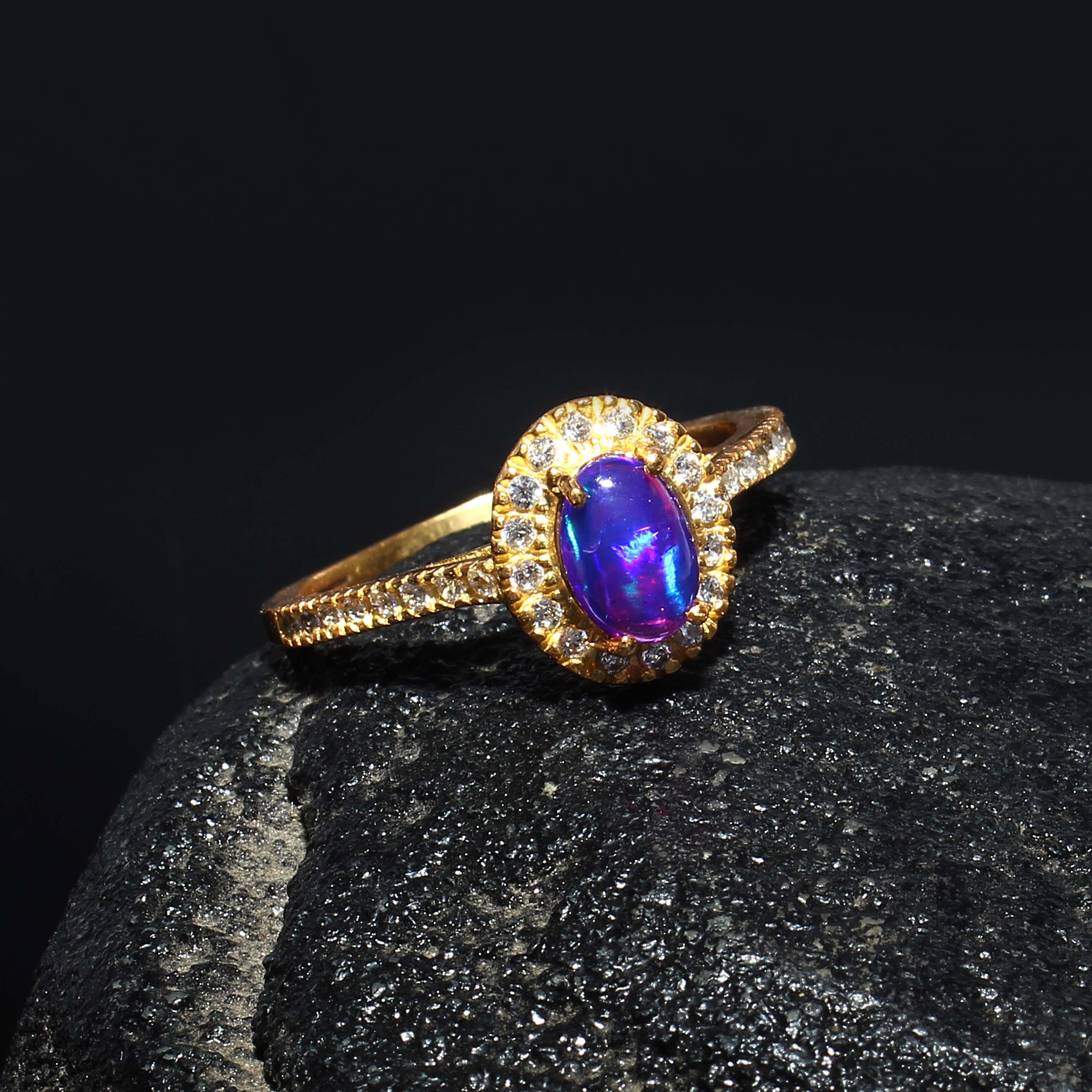 925 Sterling Silver Gold Plated Natural Opal & Zircon Ring jewelldiro