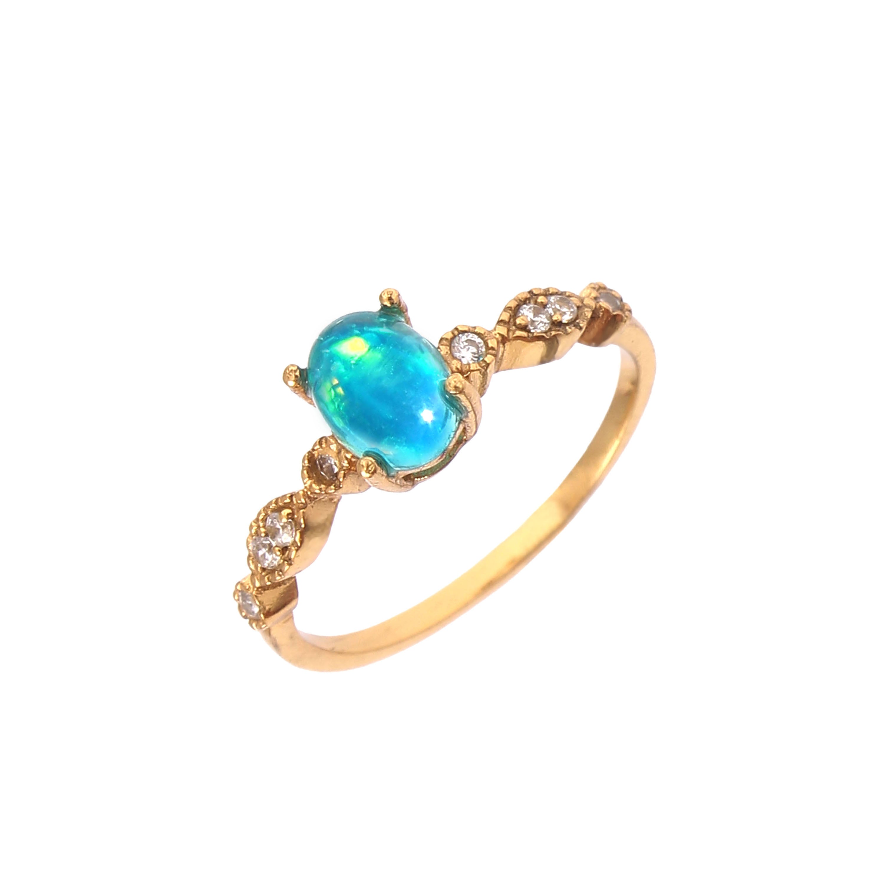 925 Sterling Silver Gold Plated Natural Opal & Zircon Ring jewelldiro