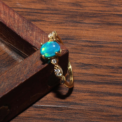 925 Sterling Silver Gold Plated Natural Opal & Zircon Ring jewelldiro