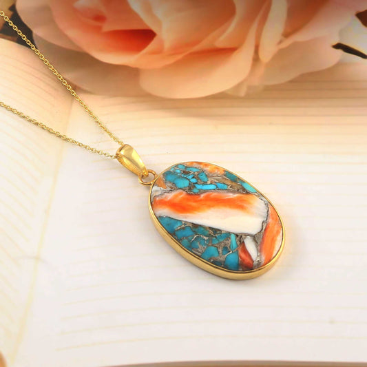 925 Sterling Silver Gold Plated Natural Oyster Turquoise Pendant jewelldiro