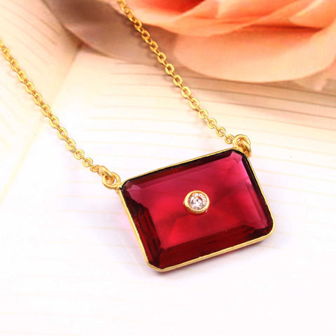 925 Sterling Silver Gold Plated Ruby Quartz & Zircon Necklace jewelldiro