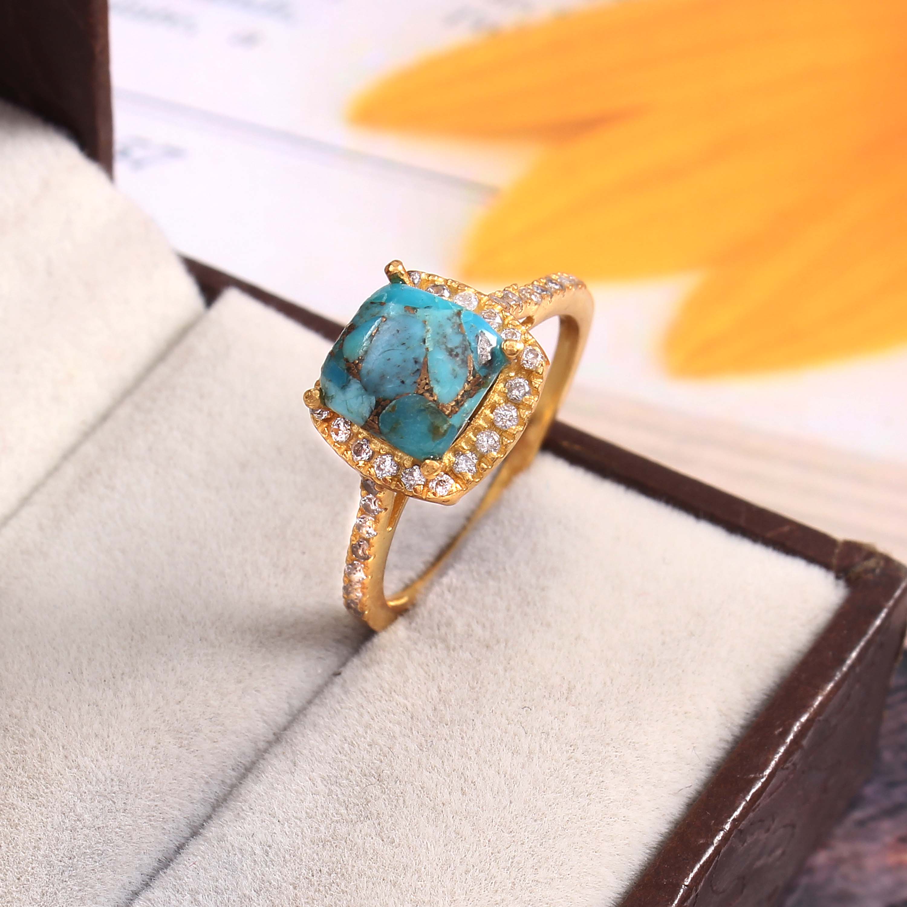 925 Sterling Silver Gold Plated Turquoise & Zircon Ring jewelldiro