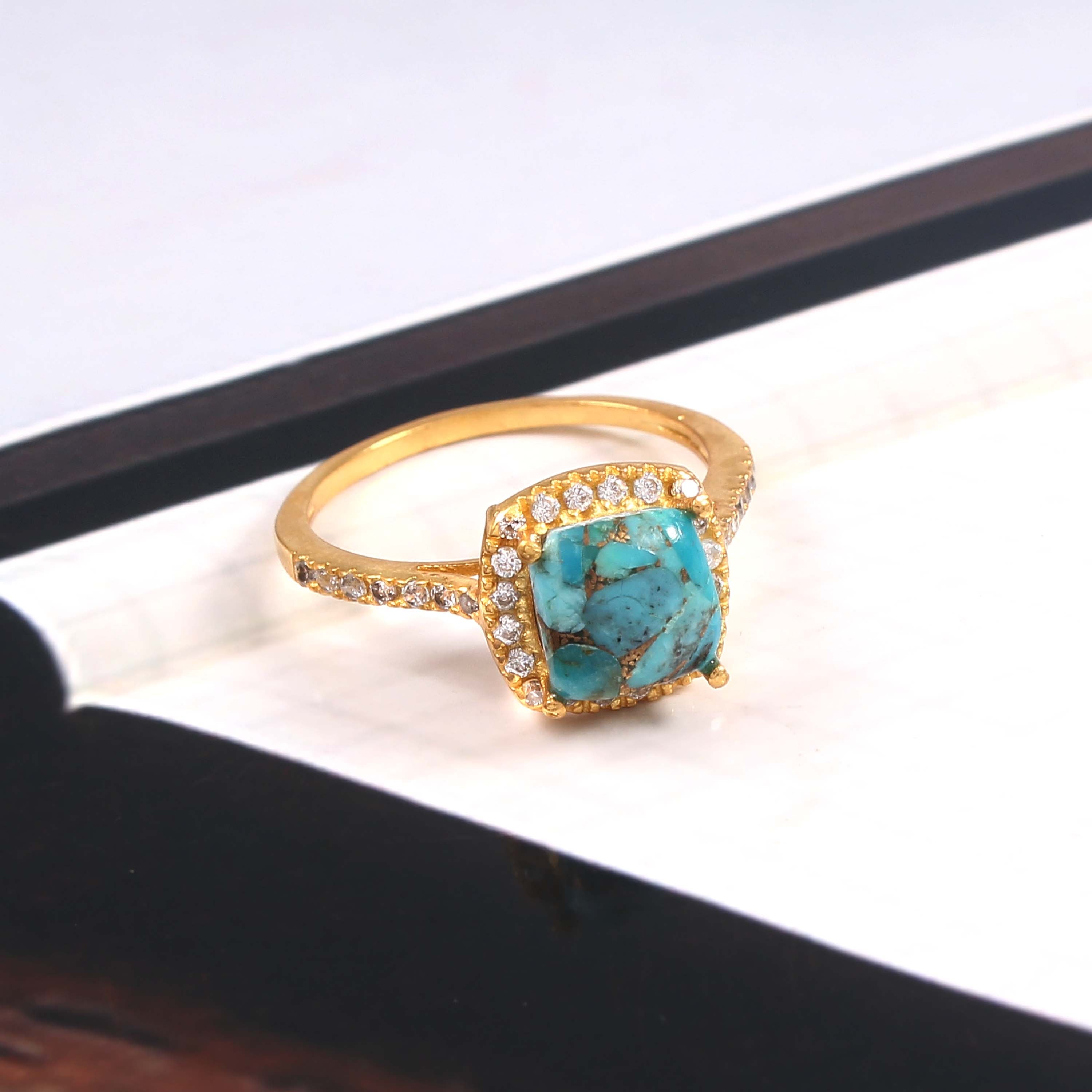 925 Sterling Silver Gold Plated Turquoise & Zircon Ring jewelldiro